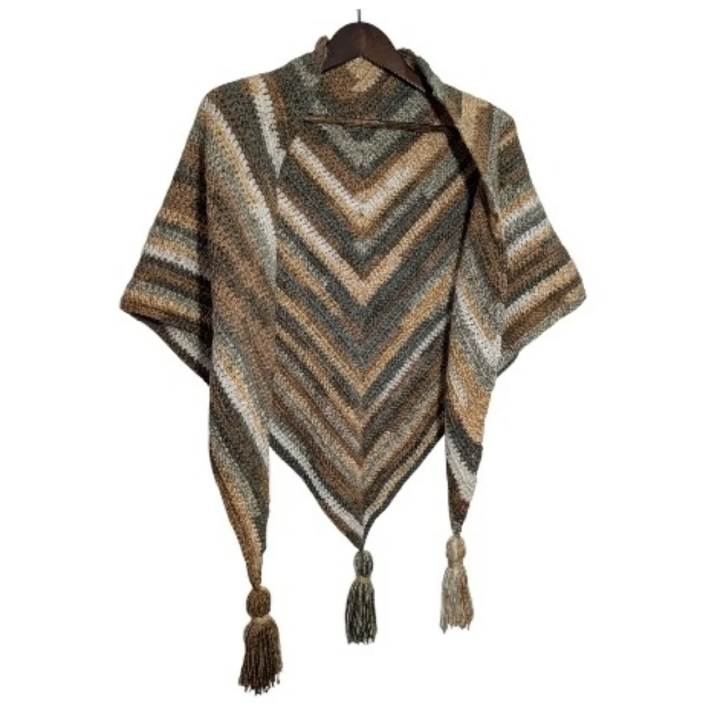 Crocheted Chevron Earthtone Shawl Shoulder Wrap Tassels Green Brown Tan